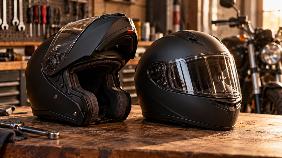 A modular flip-up helmet with chin bar raised next to a full face helmet on a workbench