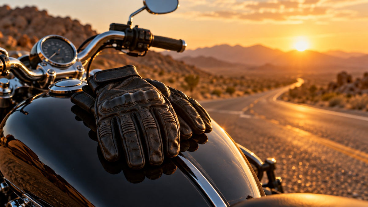 Black leather motorcycle gloves resting on a motorcycle fuel tank at sunset