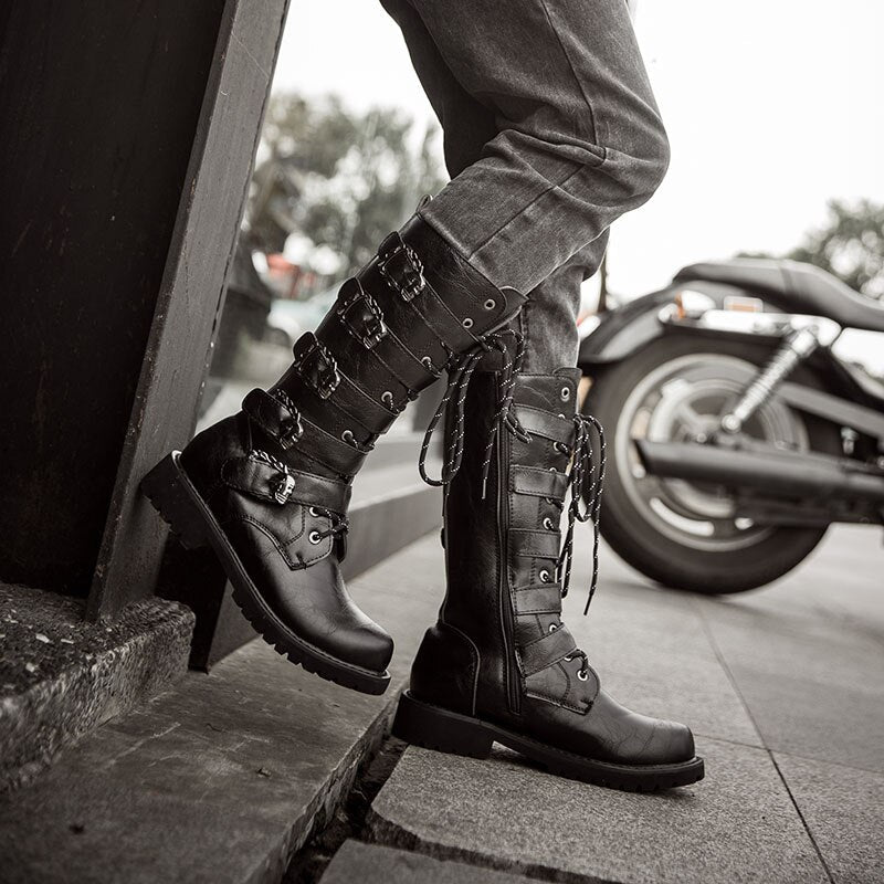 Retro Punk Leather Motorcycle Boots - view 2