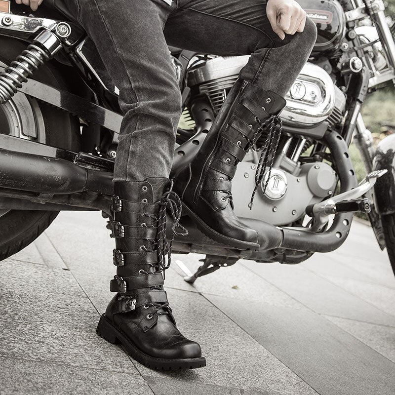 Retro Punk Leather Motorcycle Boots - view 4