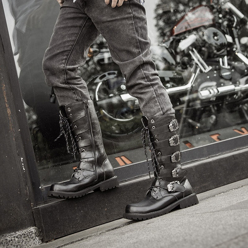 Retro Punk Leather Motorcycle Boots - view 3