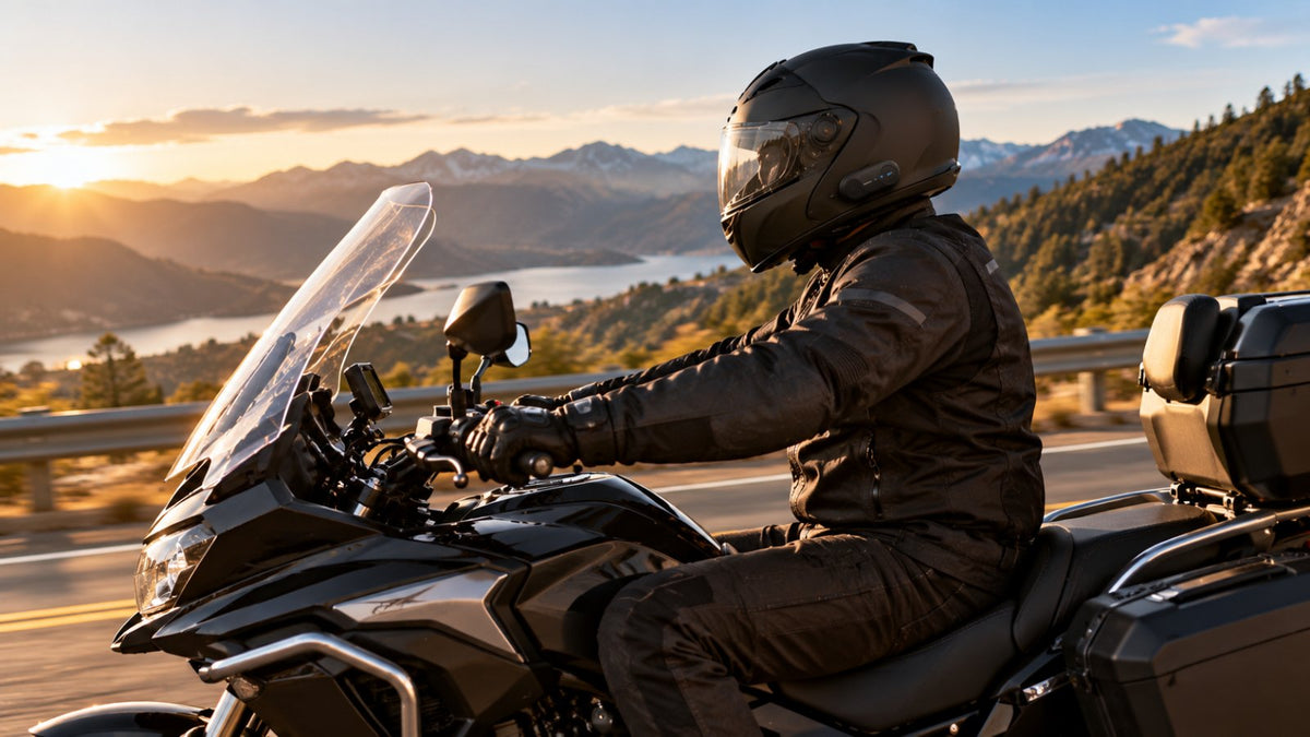 Rider on a touring motorcycle wearing a modular helmet with a Bluetooth intercom unit
