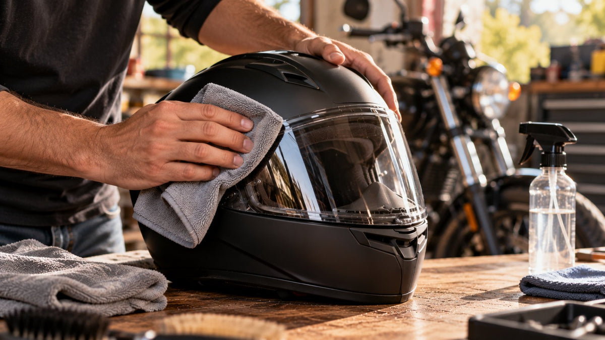 Hands cleaning the visor of a black full face motorcycle helmet with a microfiber cloth