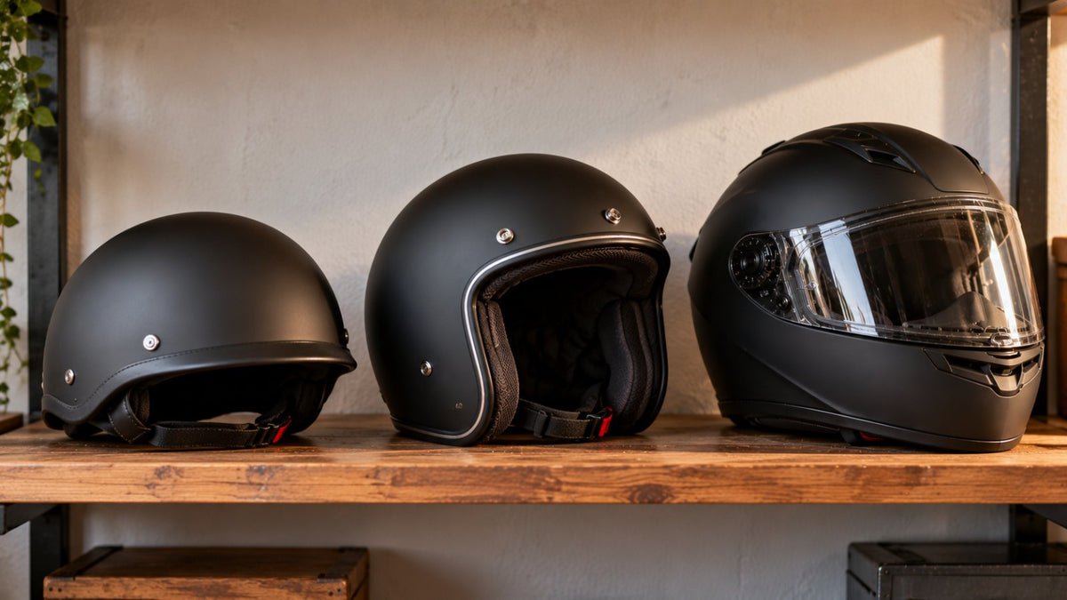 Half helmet, open face helmet and full face helmet side by side on a shelf