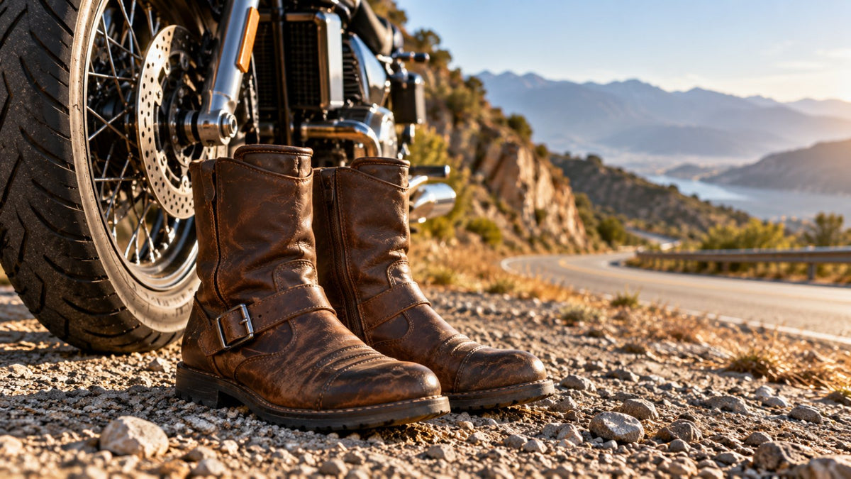Brown leather motorcycle boots standing beside a motorcycle wheel on a gravel roadside