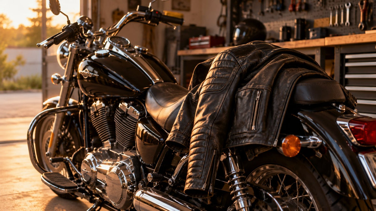 Black leather motorcycle jacket draped over the seat of a cruiser motorcycle in a garage