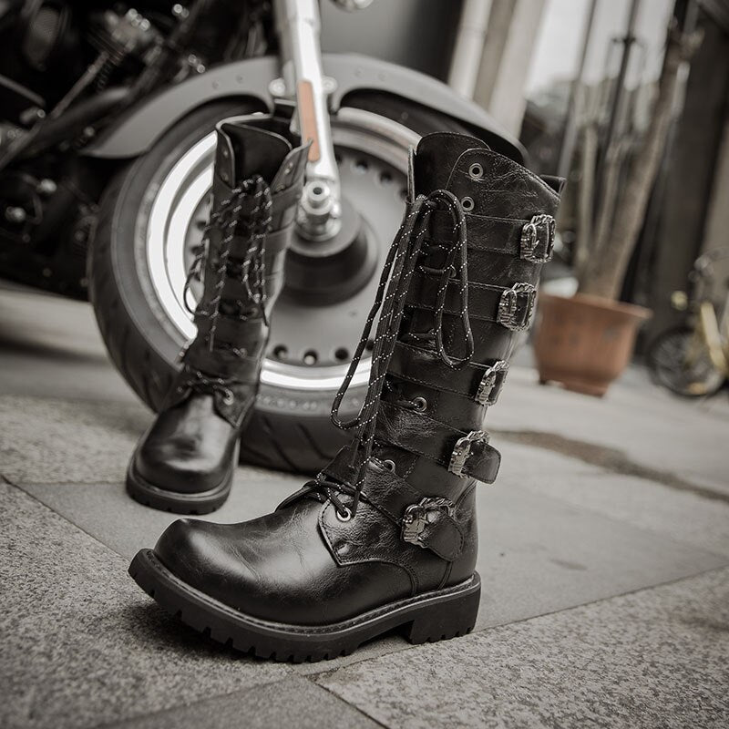 Retro Punk Leather Motorcycle Boots - view 5
